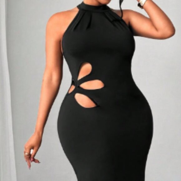 Plus Size Sleeveless Tight-Fitting Floral Hollow-Out Halter Dress - Picture 8 of 9